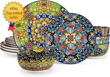 12 Pieces Dinnerware Sets, Plates and Bowls Set, Porcelain Dishes Set for 4, Mic