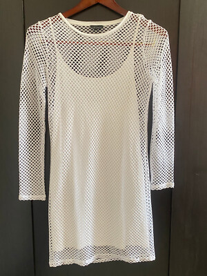 white fishnet beach dress Swim SXY White Crochet Fishnet Mini Dress Beach Cover Ups Sarongs Pareos Swimsuit Coverup Faux Pearl Seashell Hollow Out Slim Fit Spaghetti,L