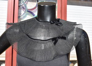 vintage antique black stiff netting pleated accordion ruffle collar velvet bows
