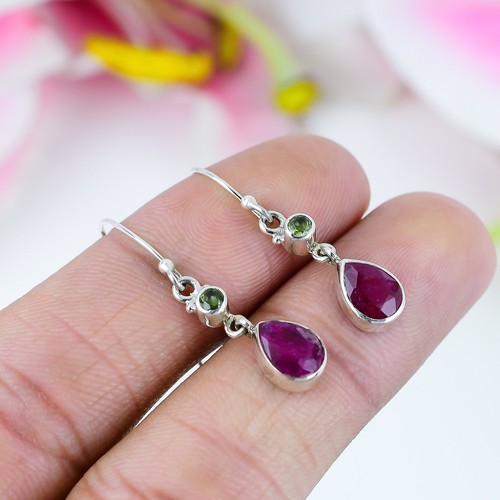 Red Ruby(Simulated),Peridot Handmade 925 Sterling Silver Gift Earring 1.5"