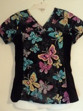 Cherokee women's top scrubs black with colorful butterflies