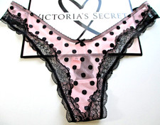 VICTORIA'S SECRET Tease High Leg Thong Panty L Pink Black NWT Polka Dot VS Lace