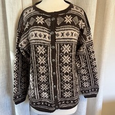 VTG Scandinavian Wool Brown Cream Nordic Sweater Cardigan Fair Isle Skiing Large