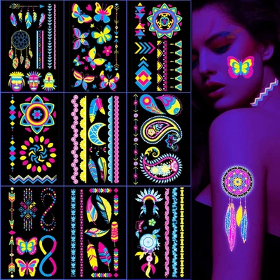 XULIN Neon 120+ Assorted Designs Glow in the Dark Temporary Tattoo, UV Blacklight Fake