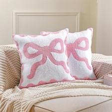 Pink Bow Pillow Covers Set of 2 Preppy Room Decor Coquette Bow Embroidered Pi...