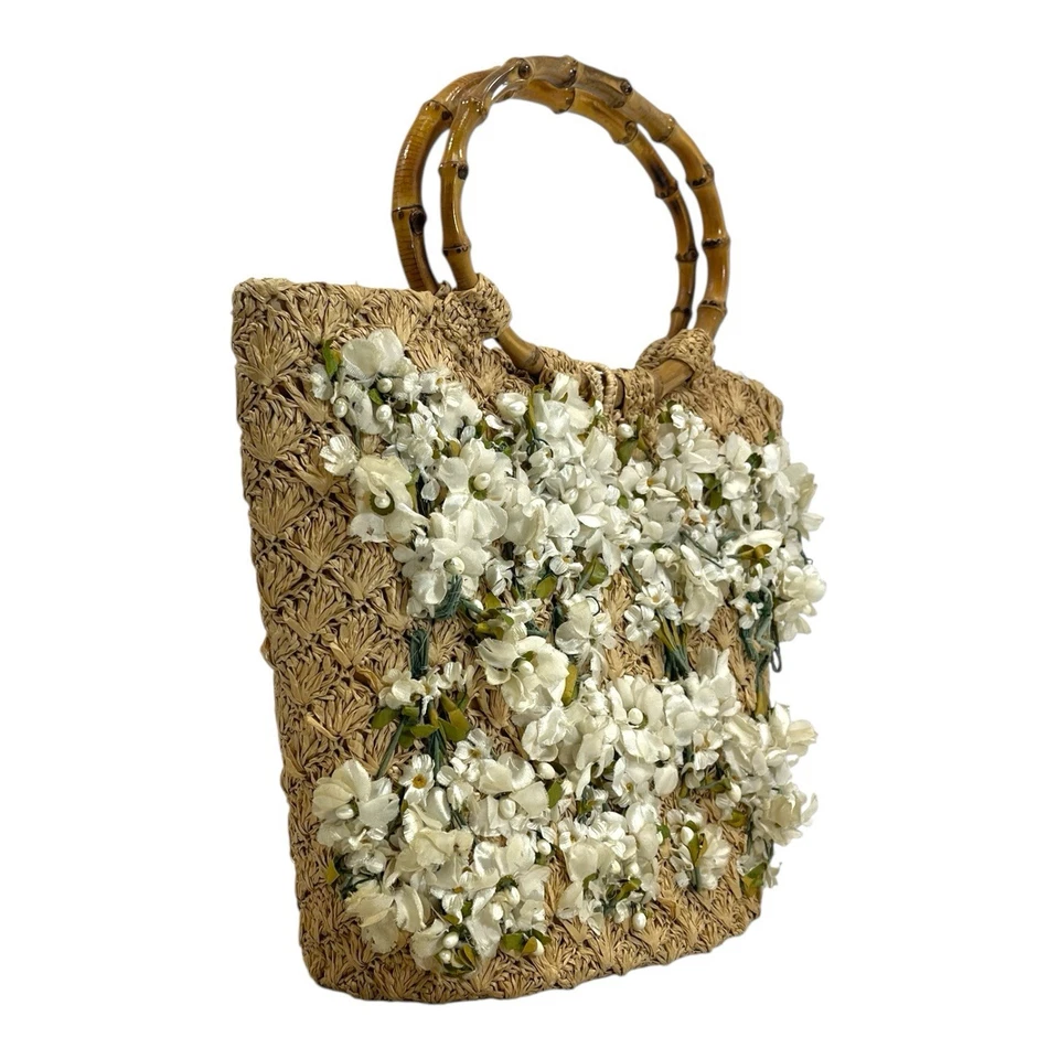Bolsa tote vintage 50s 60s RITTER tecido juta aplique floral pérola falsa - Imagem 2 de 4