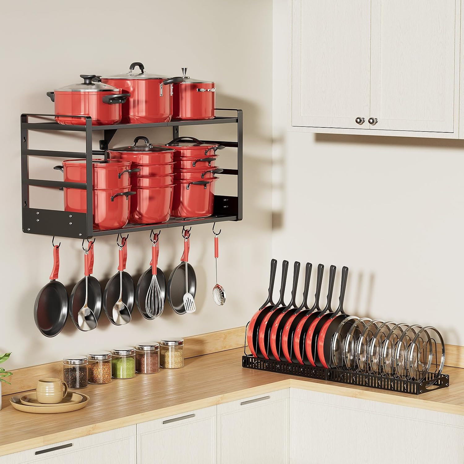 Pot Rack, 31 Inch Wall Mounted 2-Tier Pots & Pans Organizer with 20