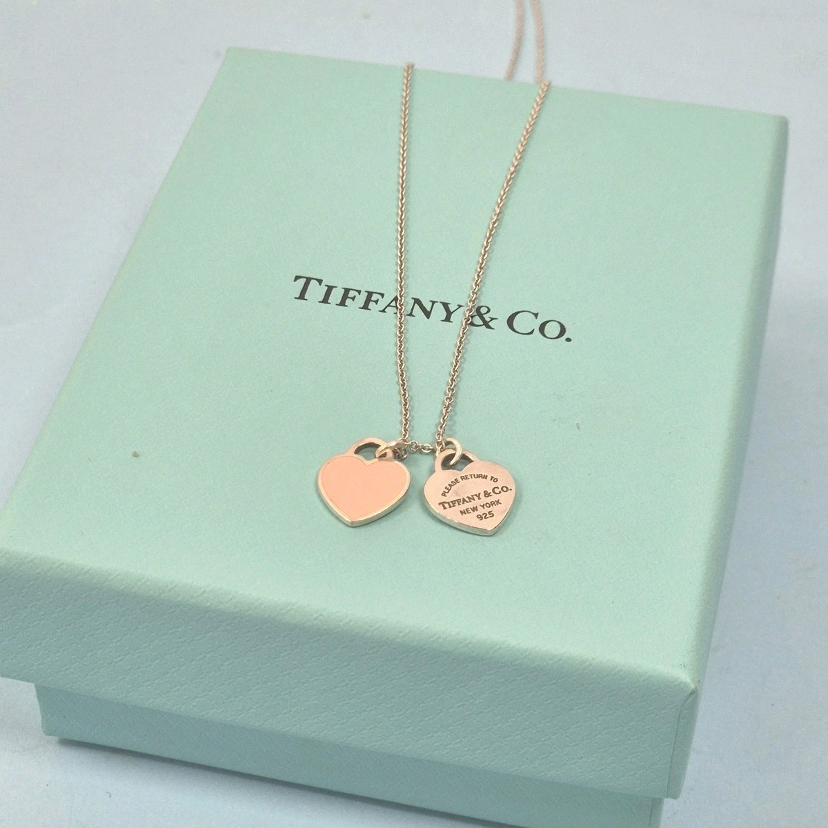 Tiffany Co Return to Double Mini Pink Heart Pendant Silver