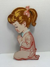 VINTAGE wall plaque girl praying pressed CARDBOARD 1950  S