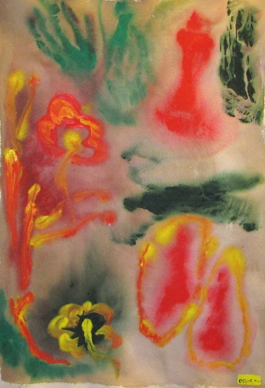 Outsider Art Original Painting Flower signed Cheng Jin 23"x33"