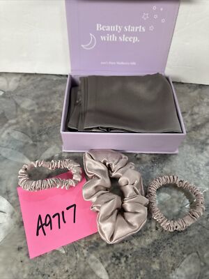 Locks & Mane 100% Mulberry Silk 3Pc  Scrunchie Set W/Queen Pillow Case Grey Pink