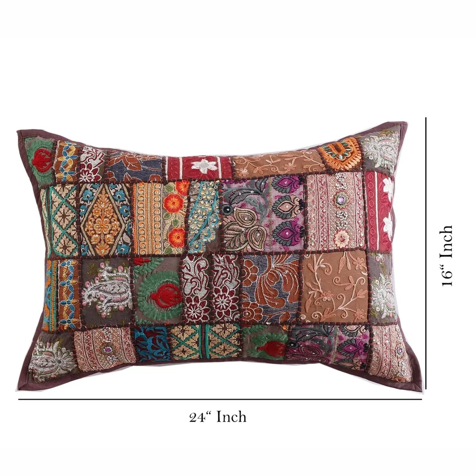 Indian Handmade Boho Patchwork Cushion Vintage Brown Throw Pillow Cover 40x60 cm - Image 3 of 4