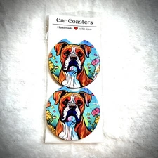 Floral Boxer Dog Design | Sublimation | Car Coasters | Set Of 2