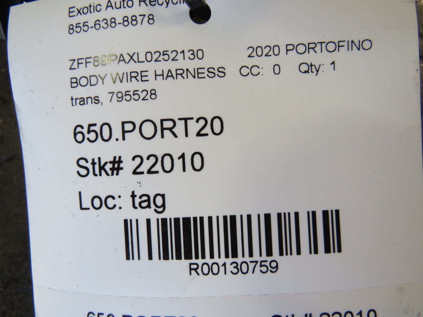 Ferrari Portofino, Transmission Wire Harness, Used, P/N 795528