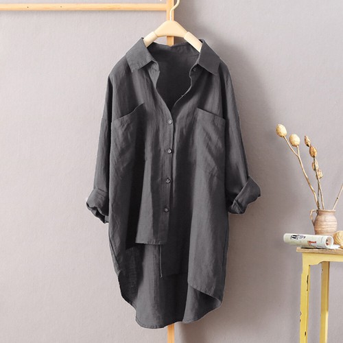 Women Ladies Baggy Button Down Shirt Long Sleeve Loose Plain Pockets Blouse Tops - Picture 27 of 28