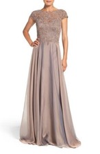 New LA FEMME Floral Embroidery Lace Satin A-Line Gown In Cocoa Size 8 460
