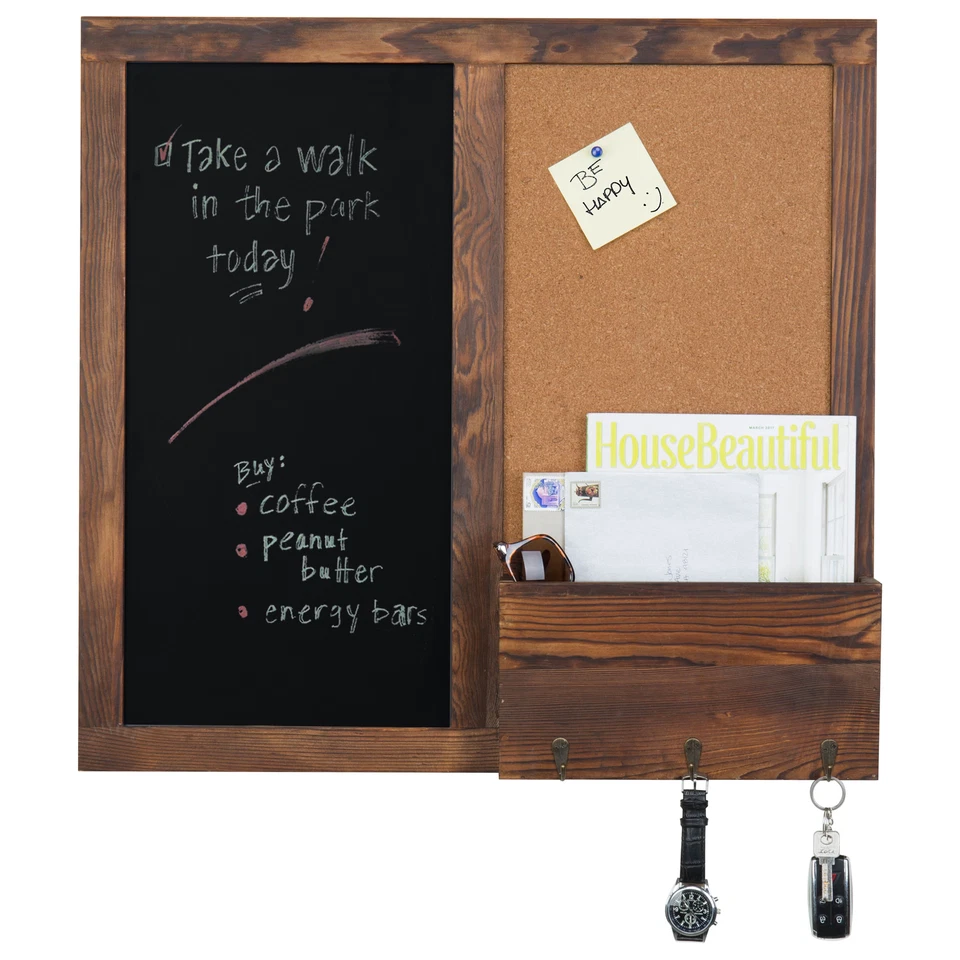 Темно-коричневая деревянная настенная доска с пробковой доской, почтовым сортировщиком и крючками для ключей - Изображение 2 из 4