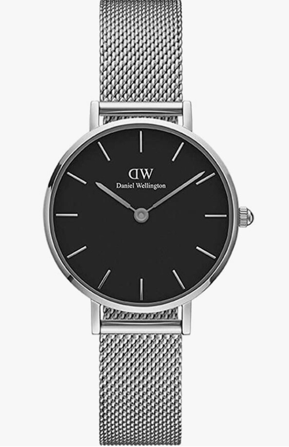 LADIES DANIEL WELLINGTON CLASSIC PETITE 28 STERLING BLACK WATCH, SILVER/BLACK