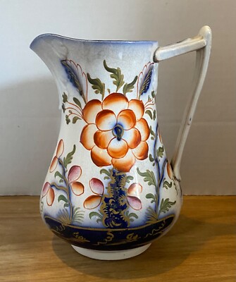 Antique Gaudy Ironstone Pitcher...Hand-Painted Floral ...7'' Tall C.1850