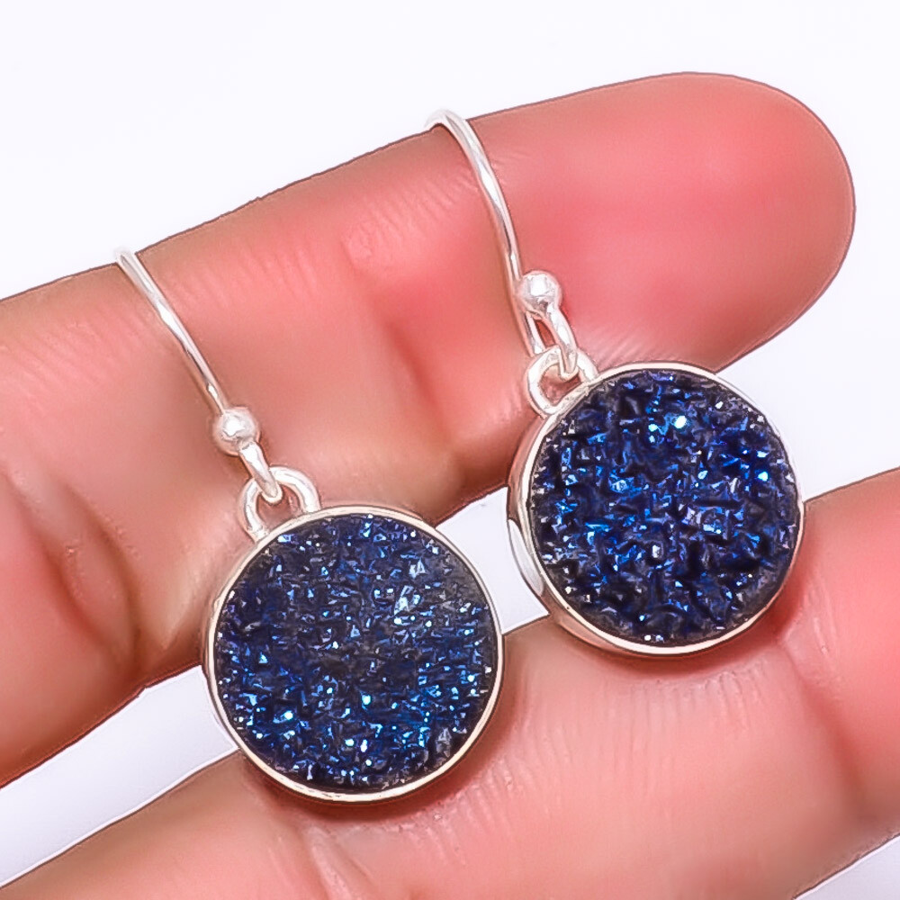 Titanium Blue Agate Drusy Sterling Silver Handmade Earrings 1.17 Inch A5