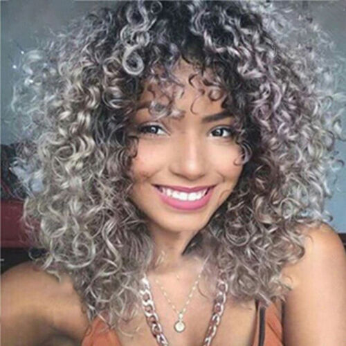 Short Curly Afro Wigs for Black Women Ombre Grey Kinky Curly Hair Wigs with  Bang | eBay