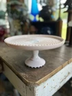 JEANETTE PINK MILKGLASS CAKE STAND BEADED EDGE 10” CUPCAKE 5”H PEDESTAL