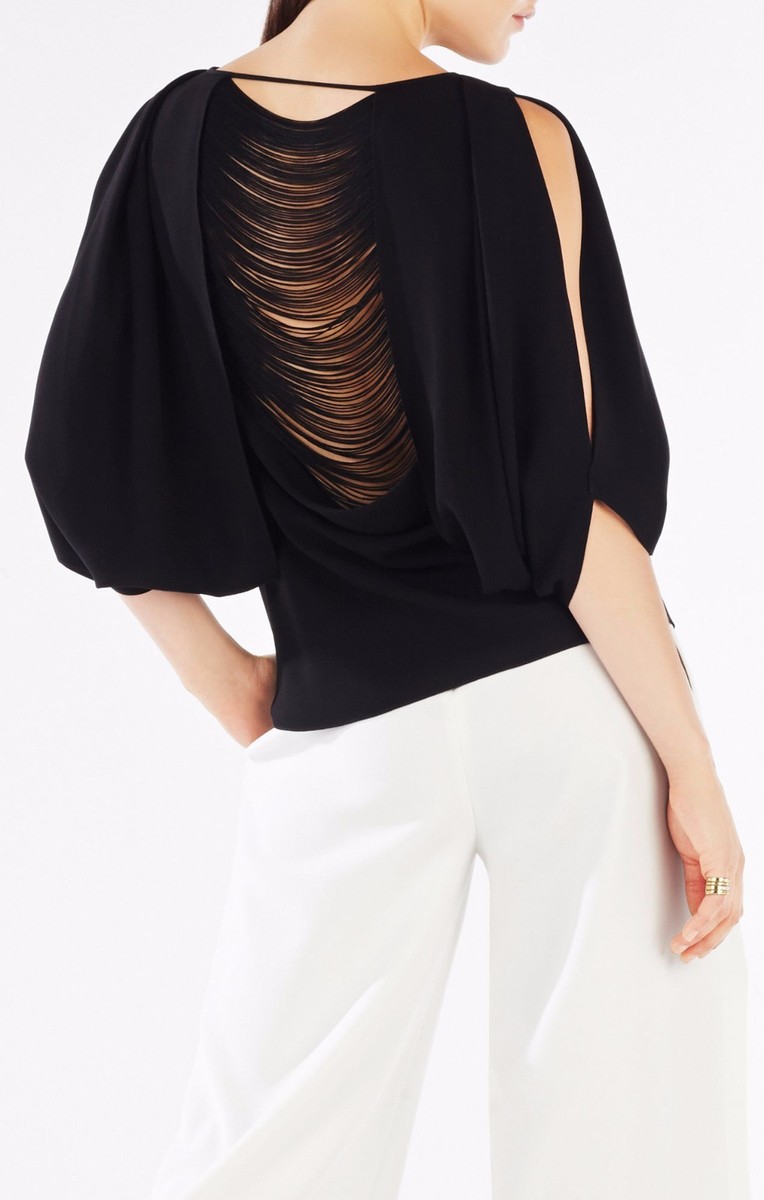 NEW BCBG MAXAZRIA BLACK KYLEIGH FRINGEBACK SLITSLEEVE TOP