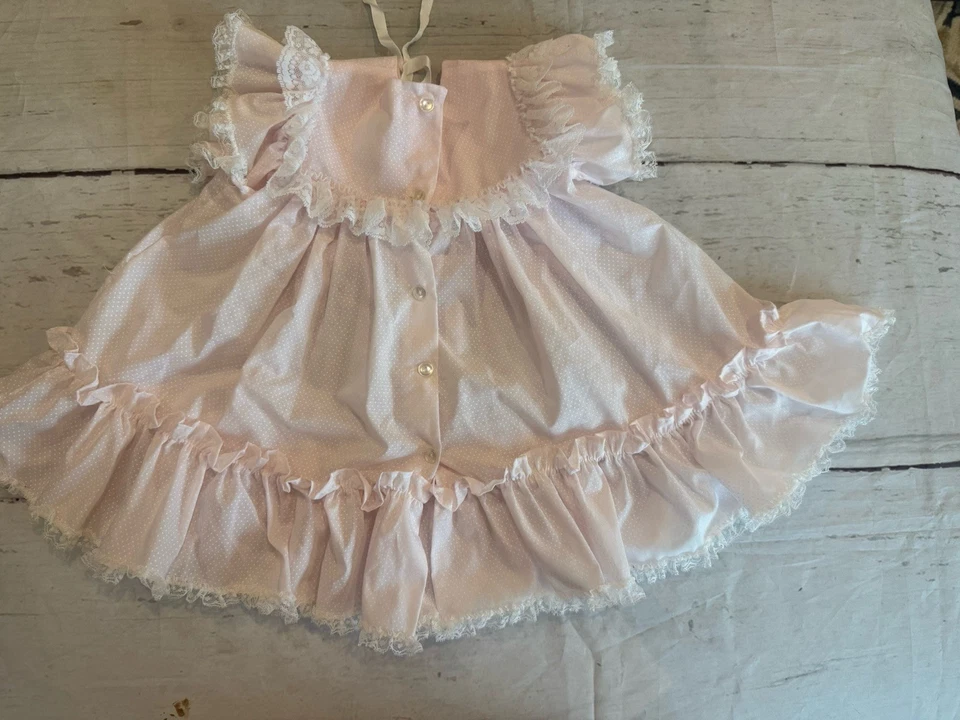 Vestido de fiesta vintage Bryan rosa a lunares blanco encaje niña talla 2T Foto 4 de 4