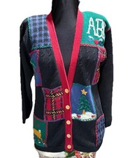 vtg Jantzen Xmas Teacher Sweater Sz L Hand Embroidered Stitched Squares Bell ABC