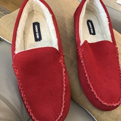 Lands' End Women's Size 9 Fuzzy Lined Suede Moccasin Slippers Red