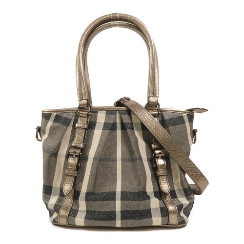 BURBERRY SHW Beat Check Lowry Tote 2 Way Shoulder Bag CNQINCHOQIN Canvas Grey