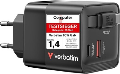 Verbatim GaN Charger Schnellladegerät USB C Kabel Mobil Reise 65W
