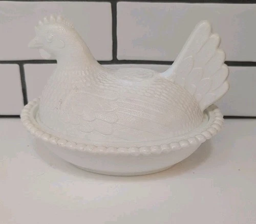 Vintage Indiana White Milk Glass Chicken Hen on Nest Dish