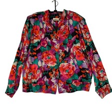 Maren Floral Print Long Sleeve Button Up Blouse Multicolor Made in USA XL