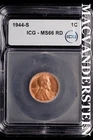 1944-S Lincoln Wheat Cent-ICG MS 66 RD Choice Gem BU No Reserve #SLL625