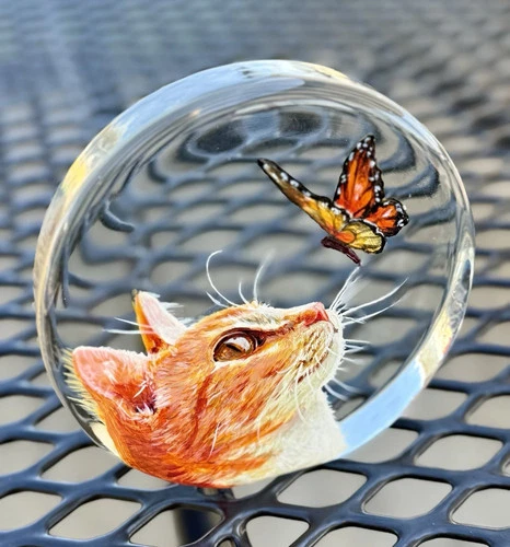 FENTON  Glass 6” Heavy Paperweight  Orange White  CAT  studying  Butterfly  OOAK