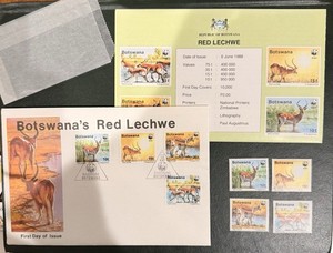 Botswana Stamps MNH, First Day Cover and Bulletin 1988 “Red Lechwe” WWF. See Sca