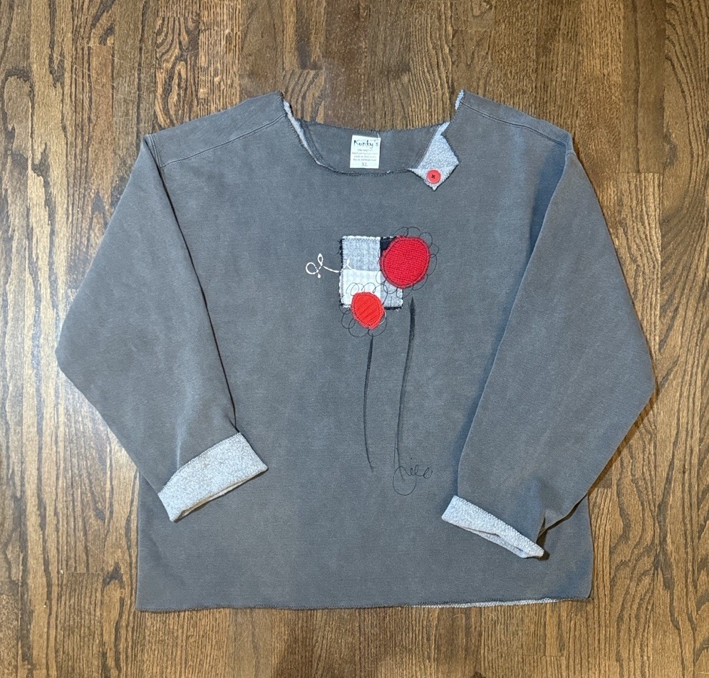 Kunky's Gray Red Patchwork Hand Painted Pullover … - image 1