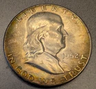1952-S Franklin Half Dollar GEM BU UNCIRCULATED, Gold-Blue Toning Very Nice!