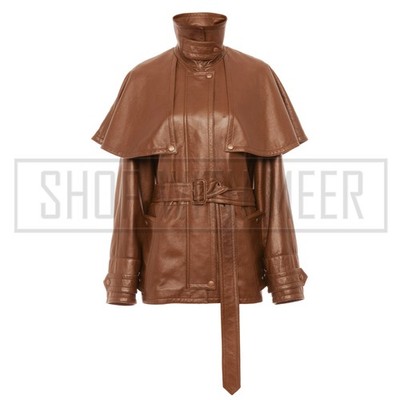Womens Cropped Leather Jacket Brown Belted Cape Style Trench Coat Real Lambskin