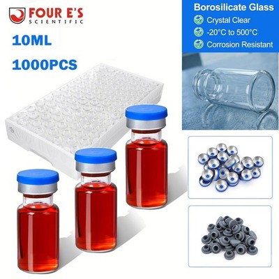 10mL Glass vials Crimp Top Vials,Lab vials Sample vials 1000 Pcs w/ Stoppers,Cap