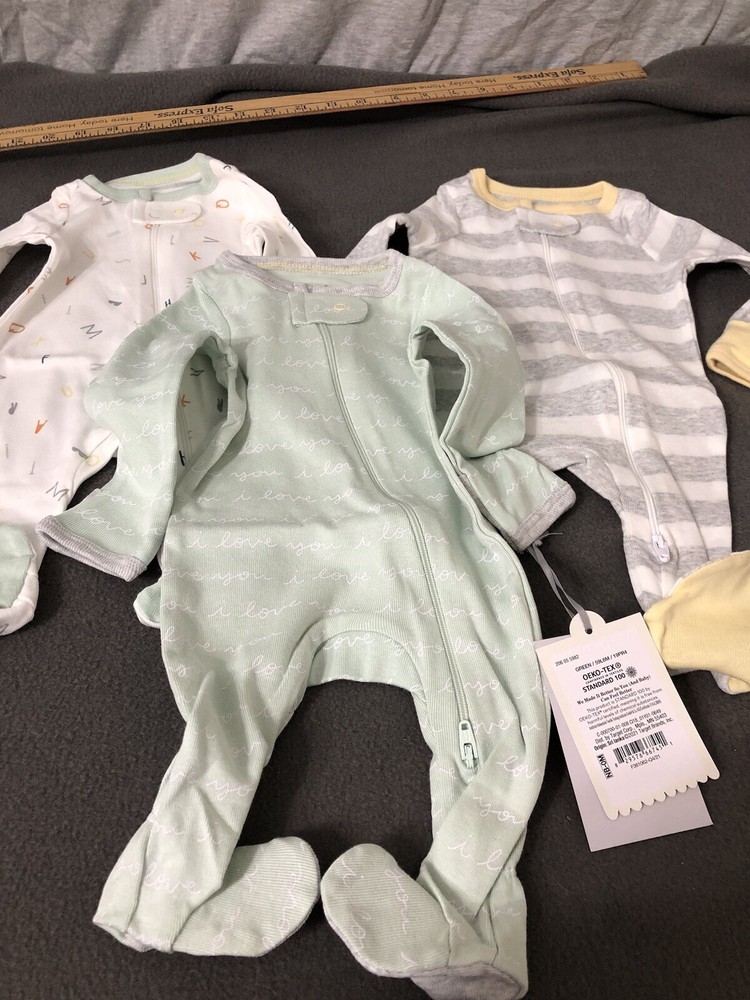 Cloud Island Baby 3pk Zip-Up Sleep N Play Newborn Green Grey  0/3 Months New