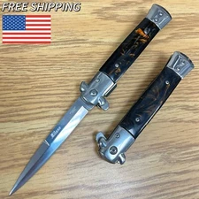 9"Tactical Marble Brown Spring Assisted Open Blade Folding Pocket Stiletto Knife