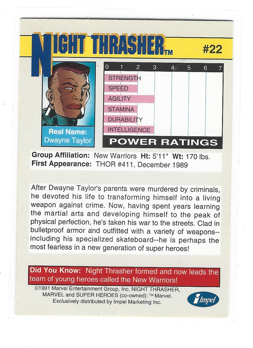 1991] NIGHT THRASHER (Marvel Comics) SUPER HERO Card #22 Impel | eBay