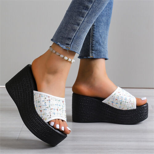 Damen-Slipper offene Zehenpartie hoher Absatz Plateau Keilabsatz Sandalen Hausschuhe Sommerschuhe - Bild 6 von 16