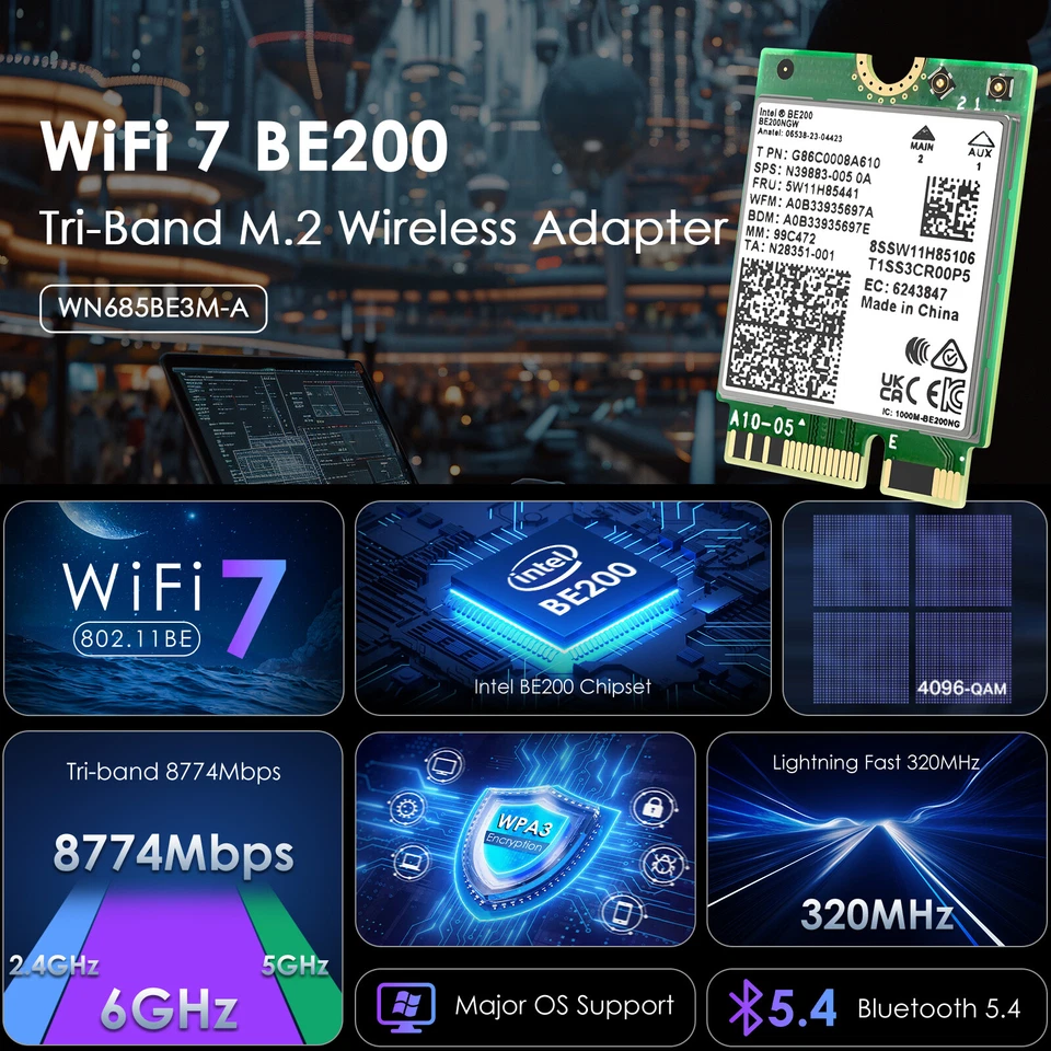 WiFi 7 6E Card Intel BE200 NGFF M.2 Wifi Card Tri-band Bluetooth5.4 Network Card - Image 2 of 4