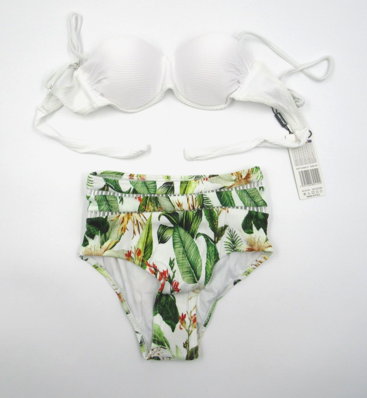 Bikini Swimwear Swimming Costume UK 6 - 8 White Floral Print Padded High Waist