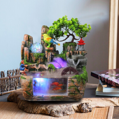 Indoor Tabletop Water Fountain Rockery Waterfall Decor, Home LED Resin Ornament
