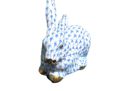 Herend Lying Rabbit Blue Fishnet Figurine Boxed