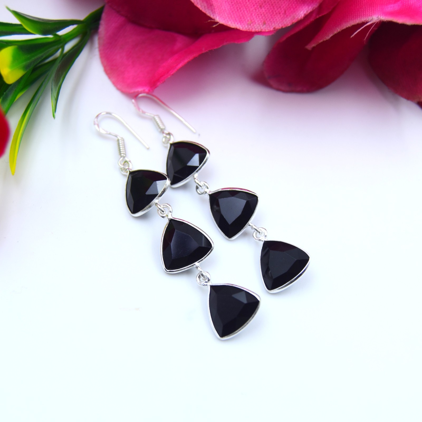 Black Spinel Gemstone Handmade 925 Sterling Silver Jewelry Earring Size-2.25